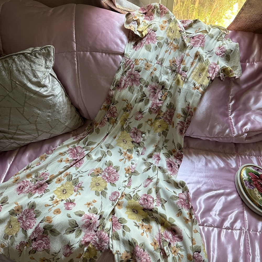 Floral Midi Dress with Puff Sleeves - Pink & Yellow Blooms